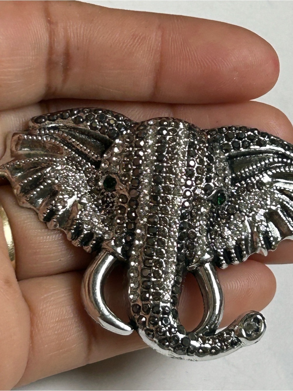 Sparkling Elephant Head Brooch with Emerald Eyes